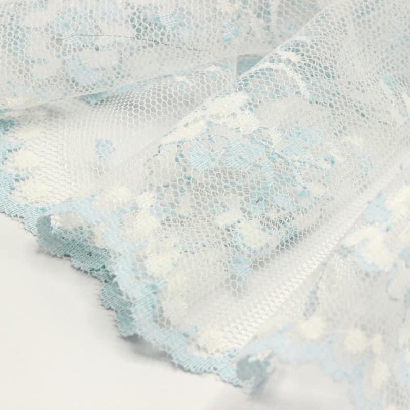 Embroidered tulle with flowers - sky blue & white 