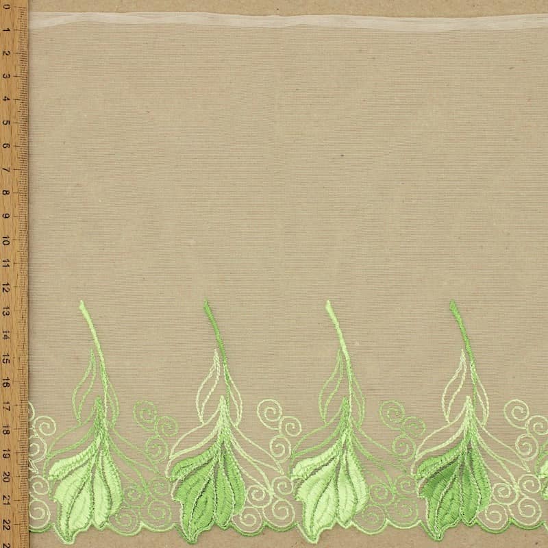 Embroidered tulle with leaves - green