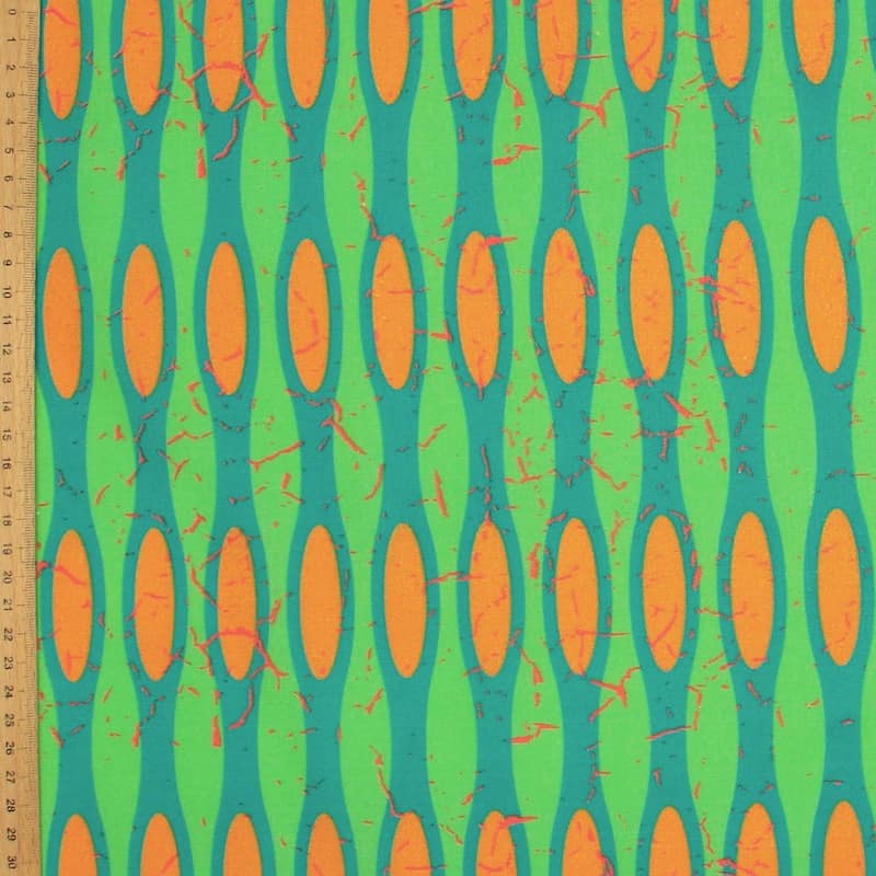 Katoen met grafische motief - groen / oranje