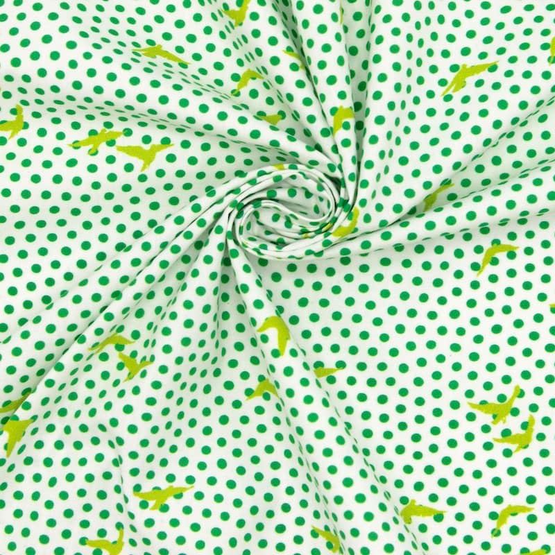 Poplin cotton with dots and birds - white/green