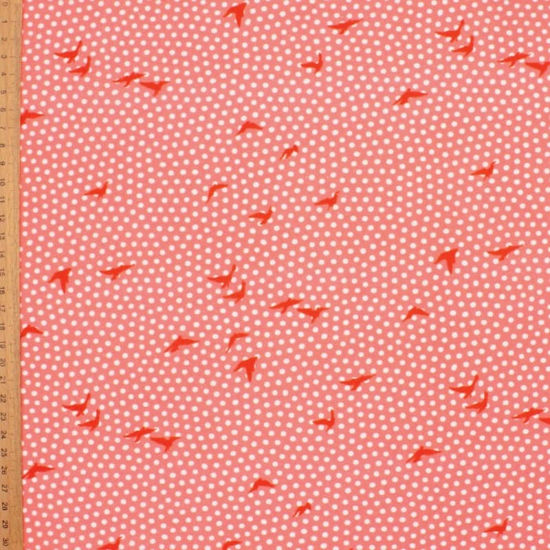 Poplin cotton with dots and birds - pink