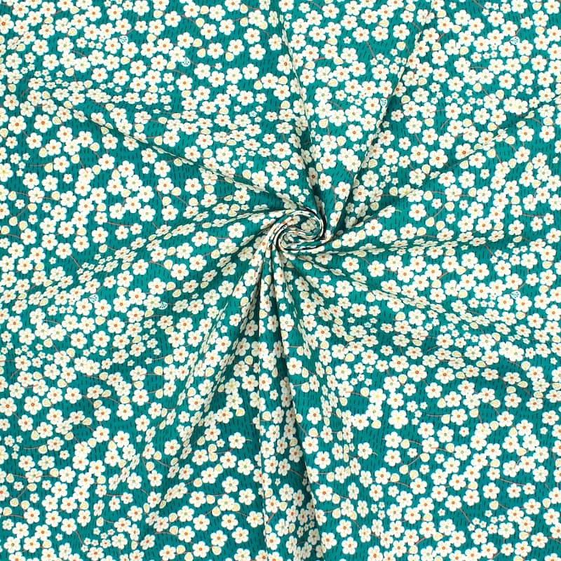 Poplin cotton with Japanese flowers - teal/white