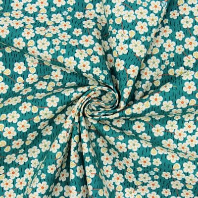 Poplin cotton with Japanese flowers - teal/white