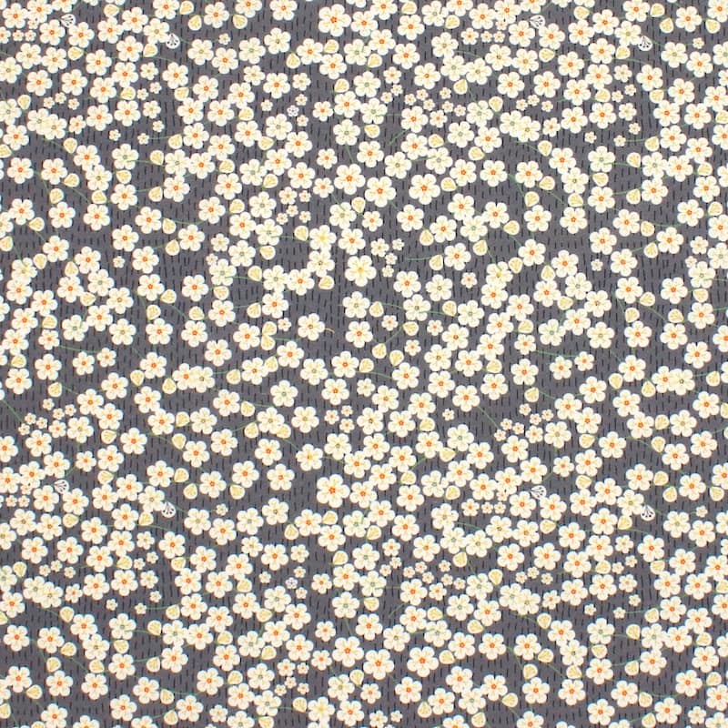 Popeline coton fleurs japonaises - anthracite