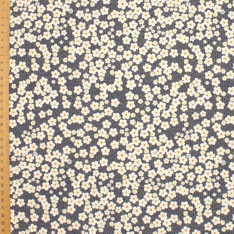 Popeline coton fleurs japonaises - anthracite