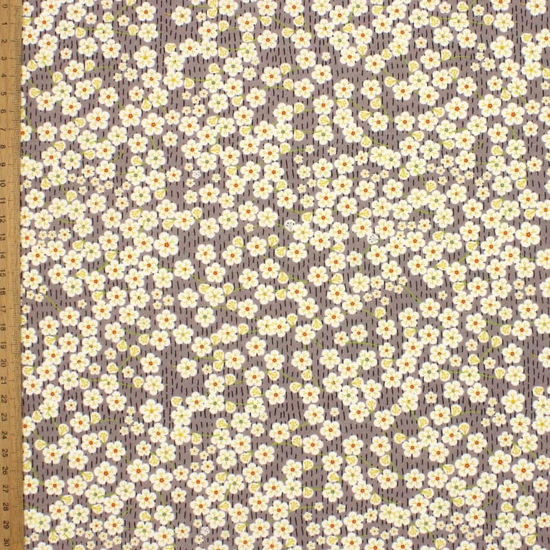 Popeline coton fleurs japonaises - taupe