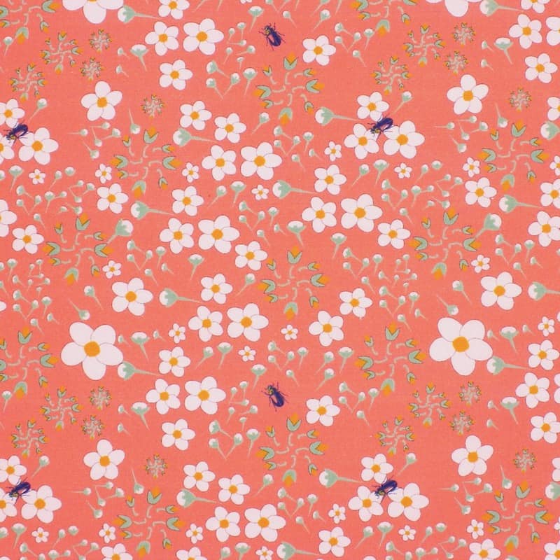 Poplin cotton with flowers and buds -  coral