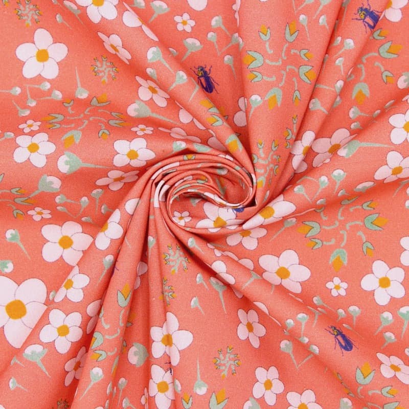 Poplin cotton with flowers and buds -  coral