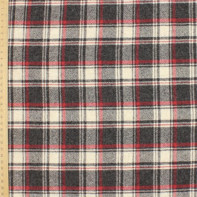 Checkered wool fabric - grey / red