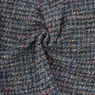 Tissu laine à bouclette - noir/bleu