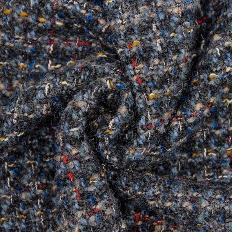 Tissu laine à bouclette - noir/bleu