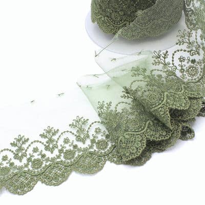 Embroidered tulle with flowers - khaki