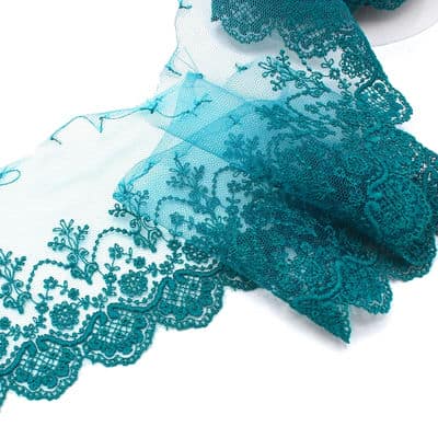 Embroidered tulle with flowers - teal