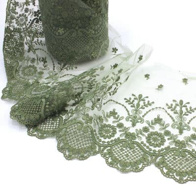 Embroidered tulle with flowers - khaki