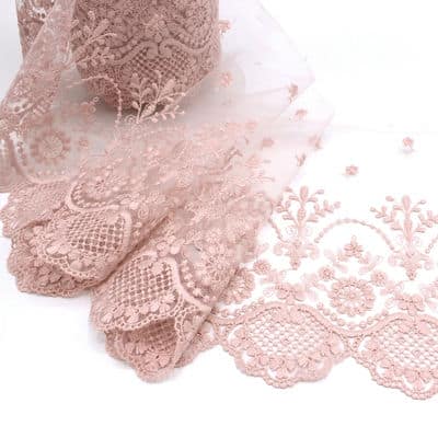 Embroidered tulle with flowers - light pink