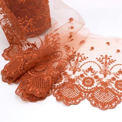 Embroidered tulle with flowers - rust
