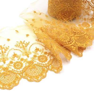Embroidered tulle with flowers - mustard yellow
