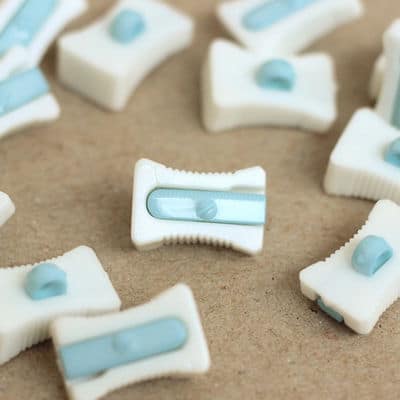 Pencil sharpener button - white and sky blue