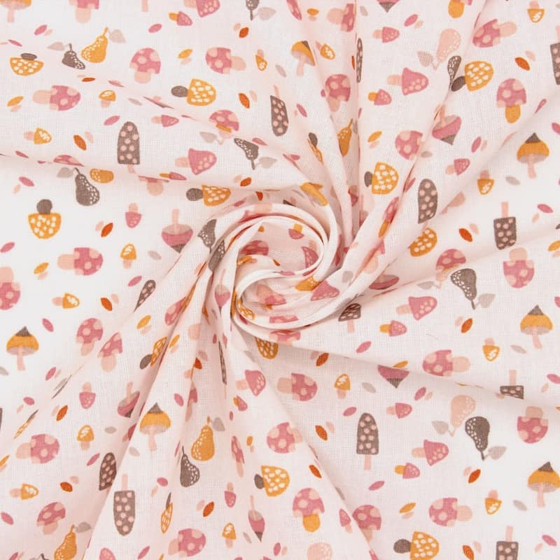 Tissu coton champignon rose et moutarde  - blanc