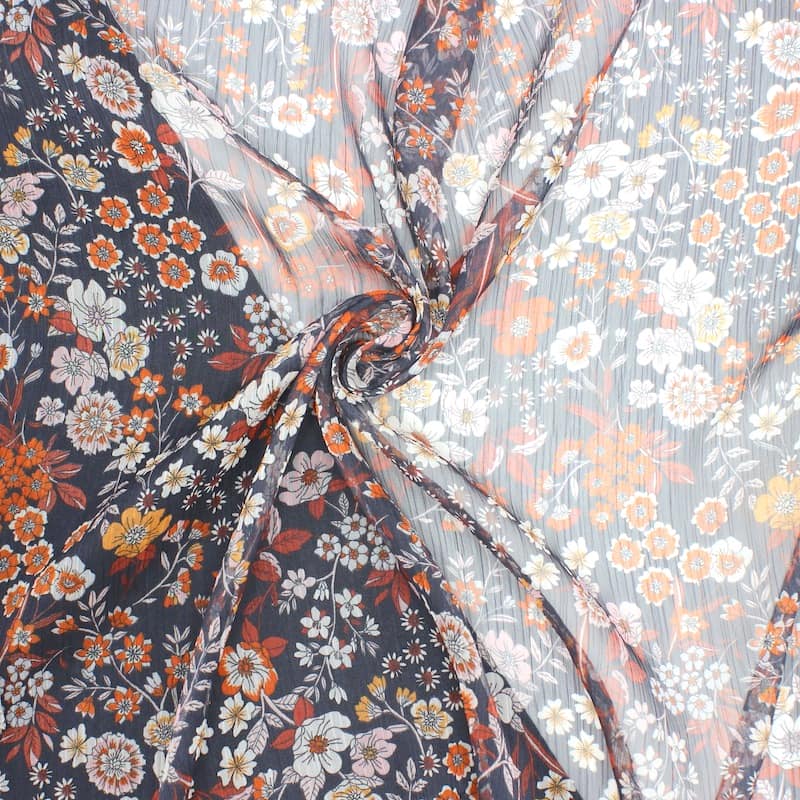 Crumbled veil with floral print - orange / navy blue