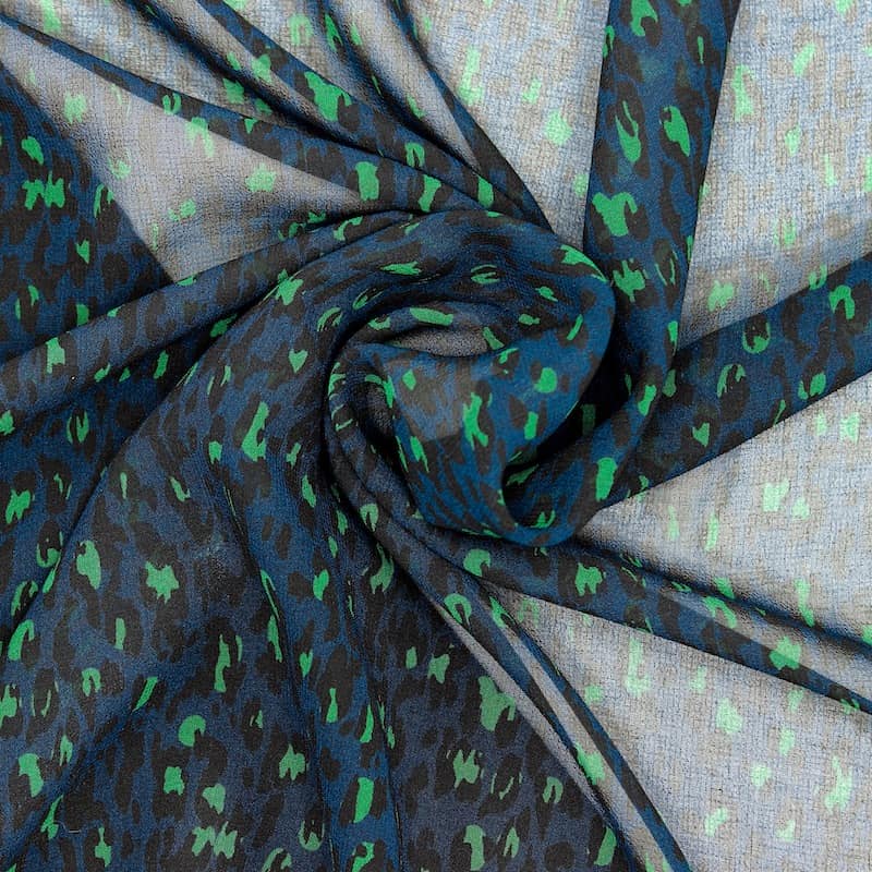 Voile crêpe imprimé style léopard - bleu/vert