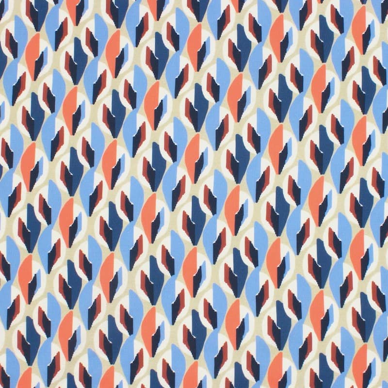 Tissu type crêpe satin motif - bleu/orange