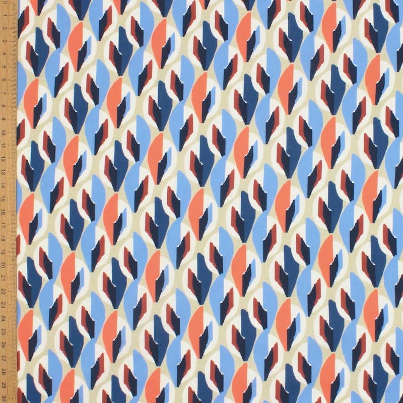 Tissu type crêpe satin motif - bleu/orange