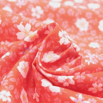 Tissu viscose fleurs automne - corail