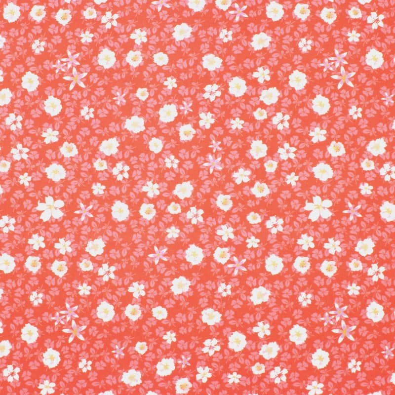 Tissu viscose fleurs automne - corail