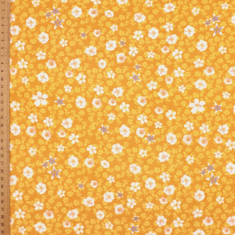 Tissu viscose fleurs automne - moutarde