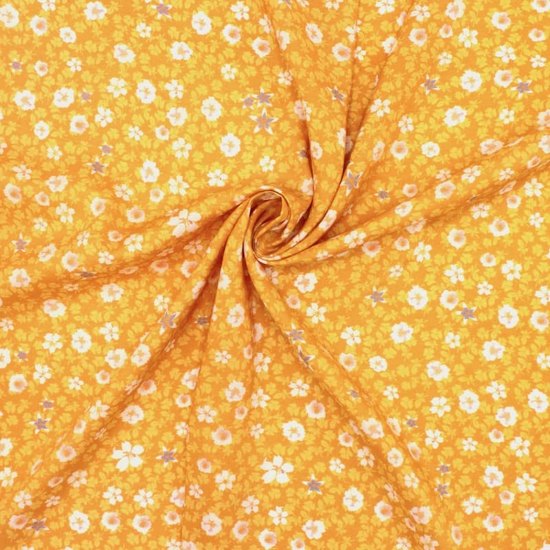 Tissu viscose fleurs automne - moutarde