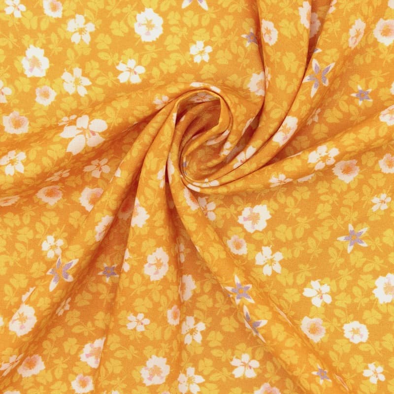 Viscose fabric with autumn flowers - mustard yellow