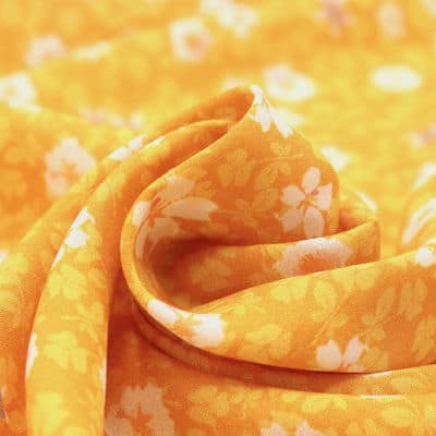 Viscose fabric with autumn flowers - mustard yellow