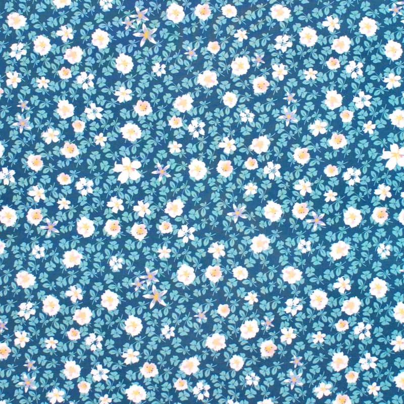 Viscose fabric with autumn flowers - blue