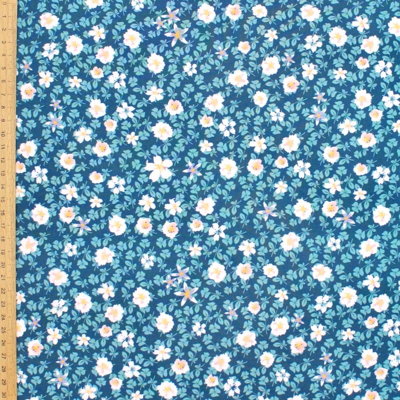 Tissu viscose fleurs automne - bleu