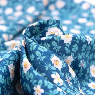 Tissu viscose fleurs automne - bleu
