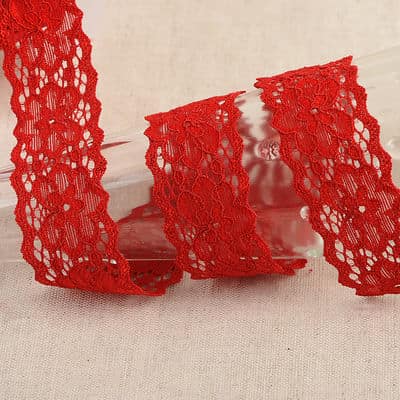 Elastic lace with flowers - red