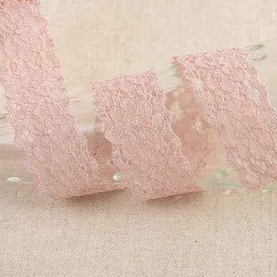 Elastic lace with flowers - salmon pink