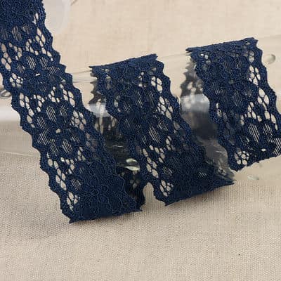 Elastic lace with flowers - navy blue