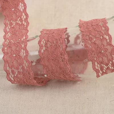 Elastic lace with flowers - old pink