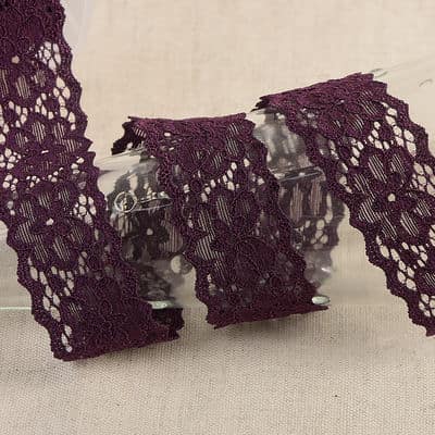 Elastic lace with flowers - purple