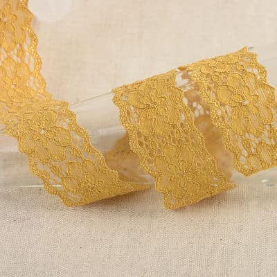 Elastic lace with flowers - mustard yellow