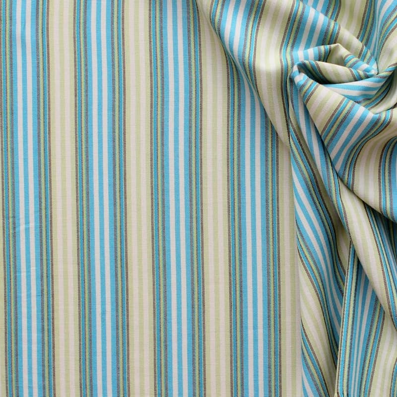 Cotton Fabric With Green And Blue Lines Fabric On Beige Background