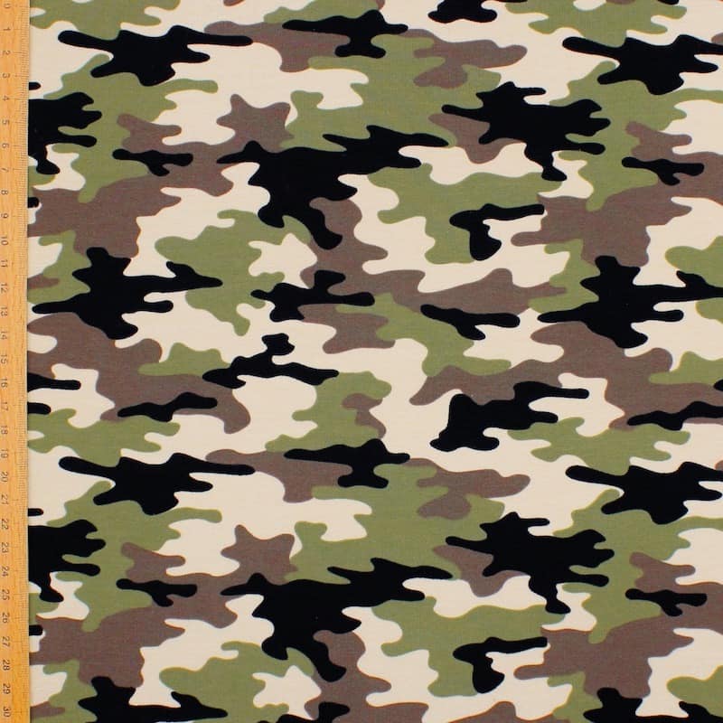 Jersey fabric French terry with military print - beige