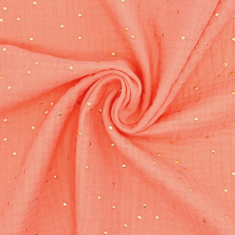 Tissu double gaze de coton pois dorés - papaye 