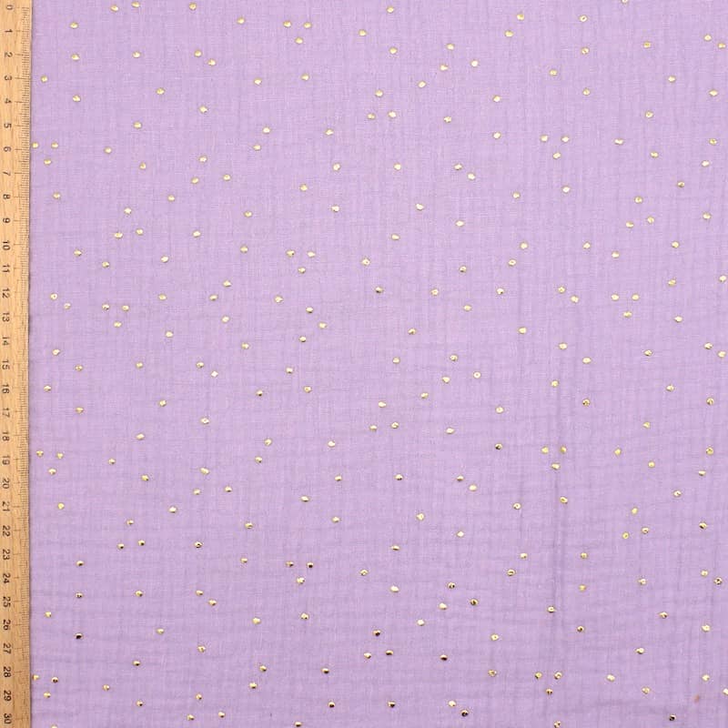 Tissu double gaze de coton pois dorés - lilas clair 
