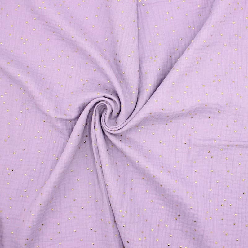 Tissu double gaze de coton pois dorés - lilas clair