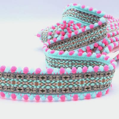 Braid trim with pompoms - turquoise and pink