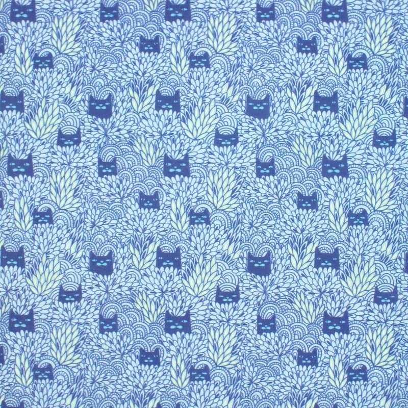 Cretonne with heads of cats - blue