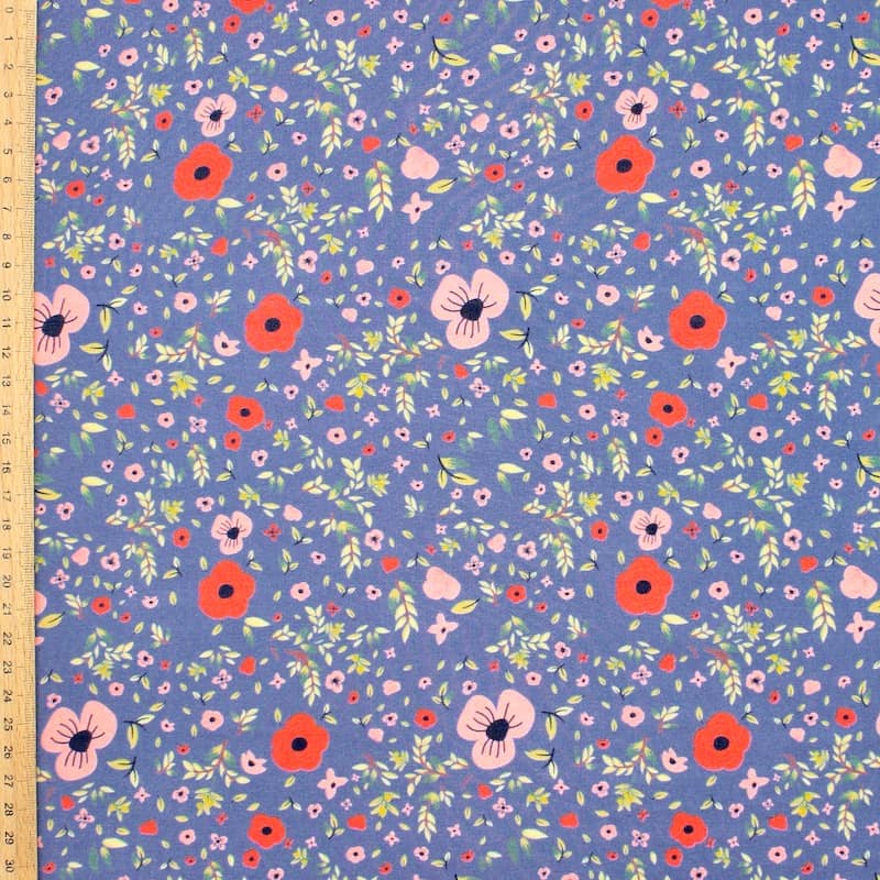 Viscose printed with flowers - blue